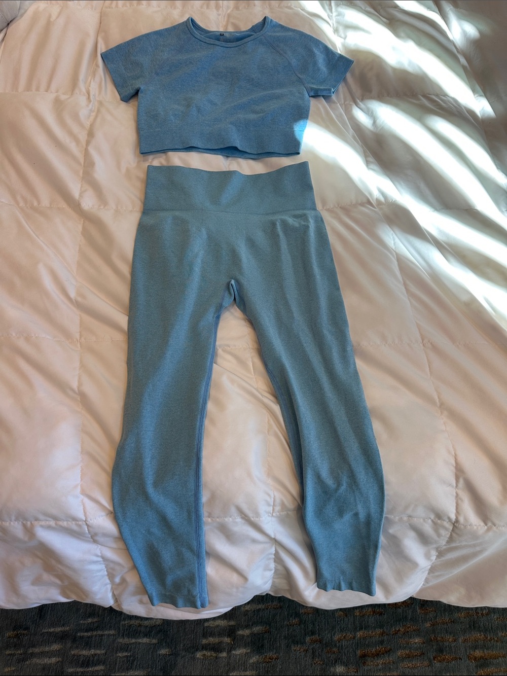 Amazon Light Blue Ribbed High-Waist Leggings and Crop Top Set